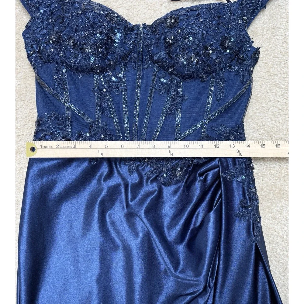 Stacey's Navy Satin Blue Beaded Off The Shoulder Prom Dress W/ Dramatic Slit Med